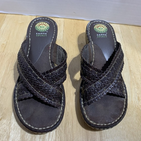 Earth Spirit Shoes - Earth Spirit Gelron 2000 Leather Wedge Sandals Sz 8 Earth Tone Colors